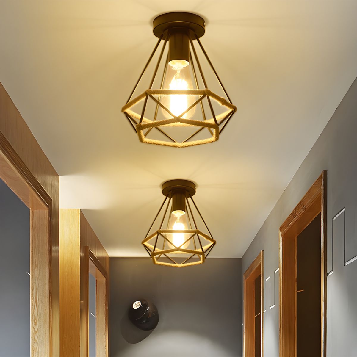 Ceiling Metal Rope Diamond Cage Light Industrial Style | Raventa