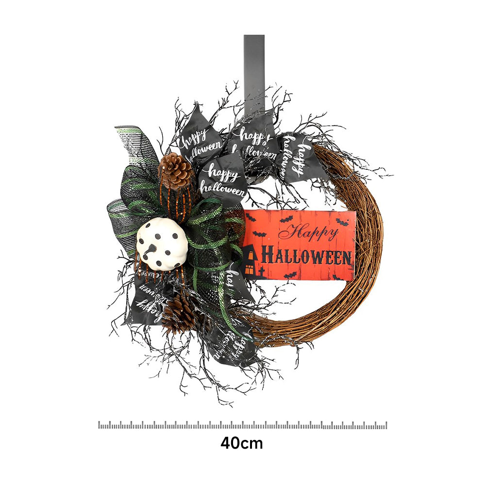 Halloween Wreath Front Door Scary Hanging Decoration with Pumpkin Sign