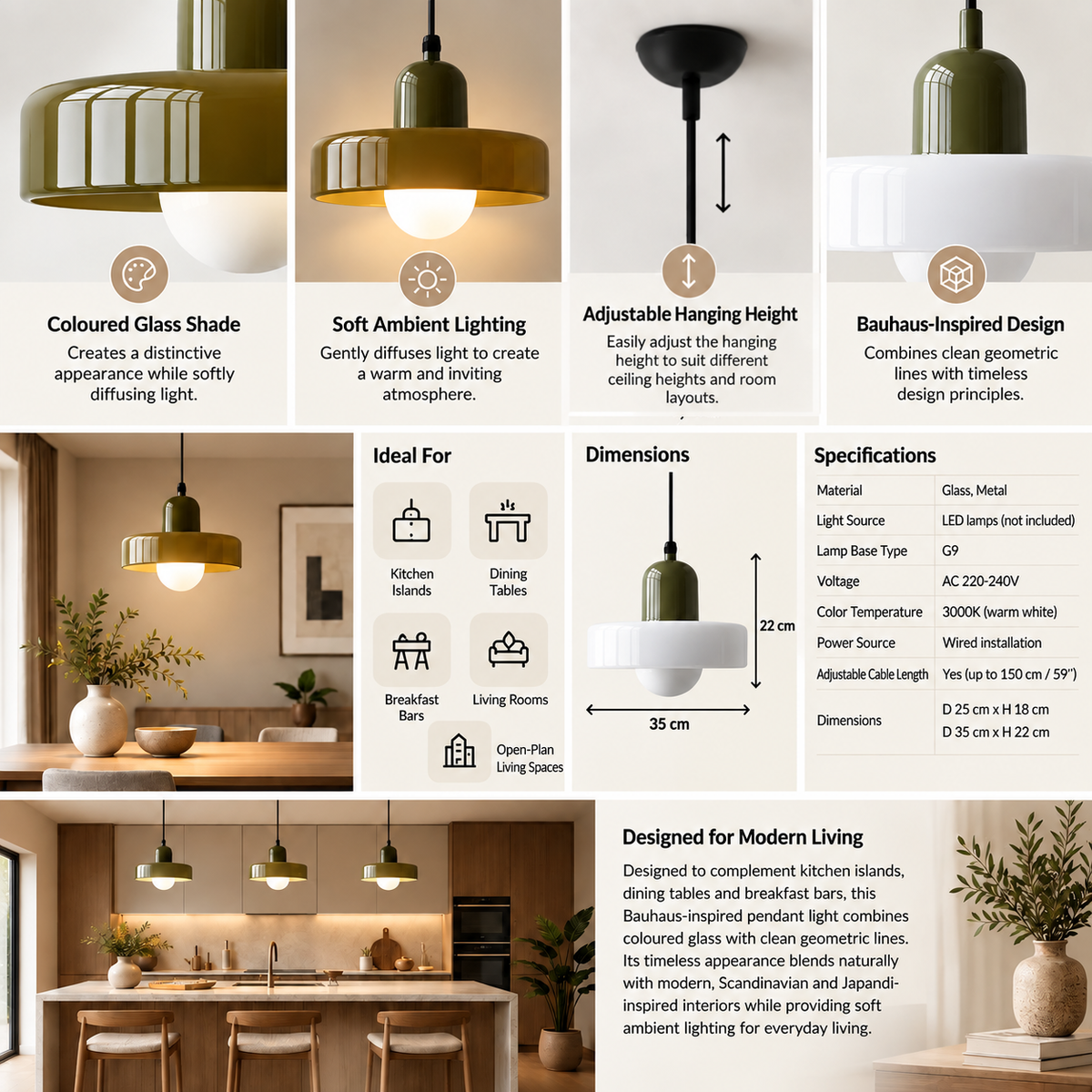 Bauhaus Colored Glass Pendant Lamp | Kitchen Pendant Lighting