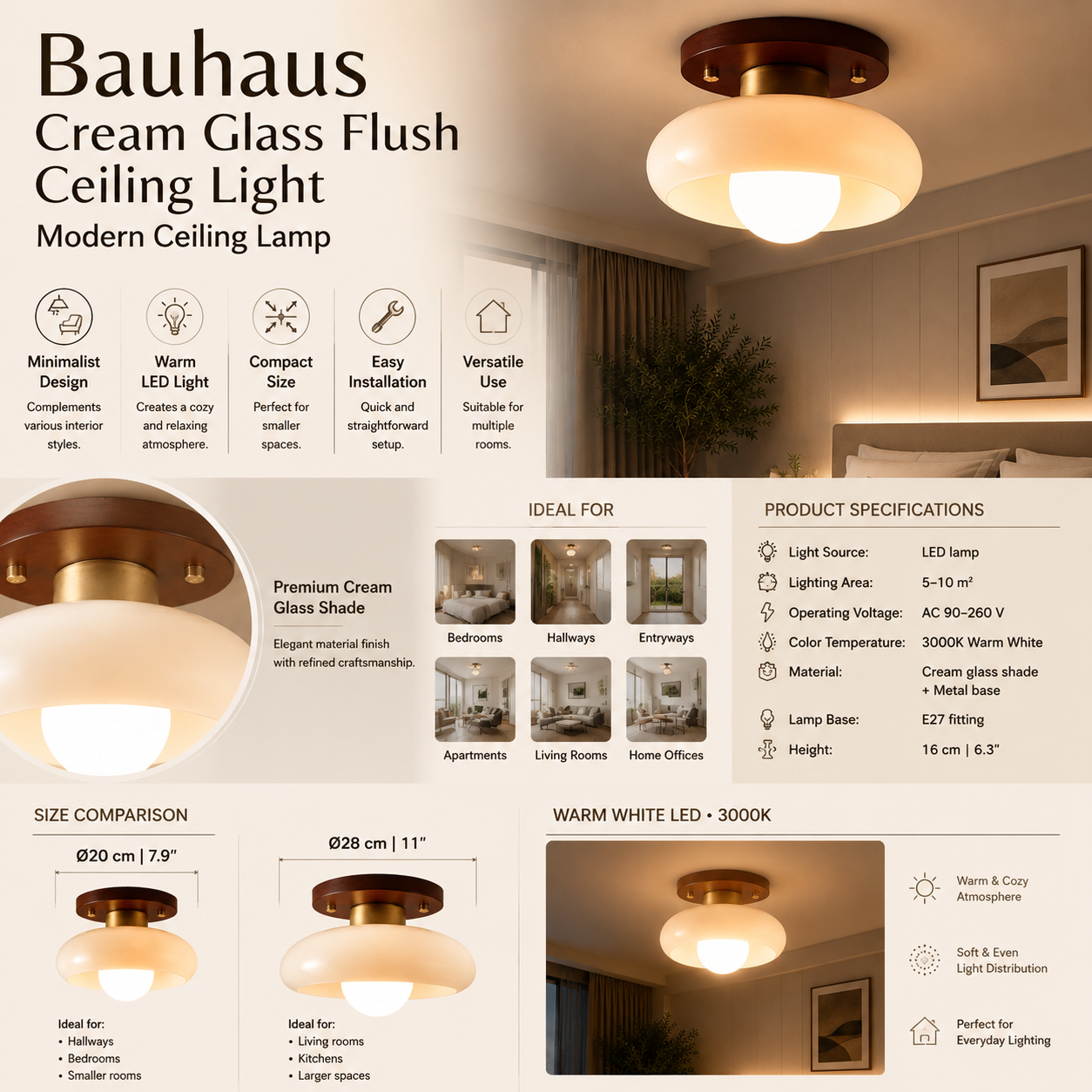 Bauhaus Cream Glass Flush Ceiling Light | Modern Ceiling Lamp