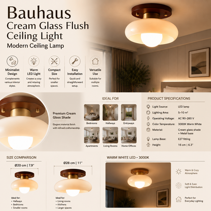 Bauhaus Cream Glass Flush Ceiling Light | Modern Ceiling Lamp