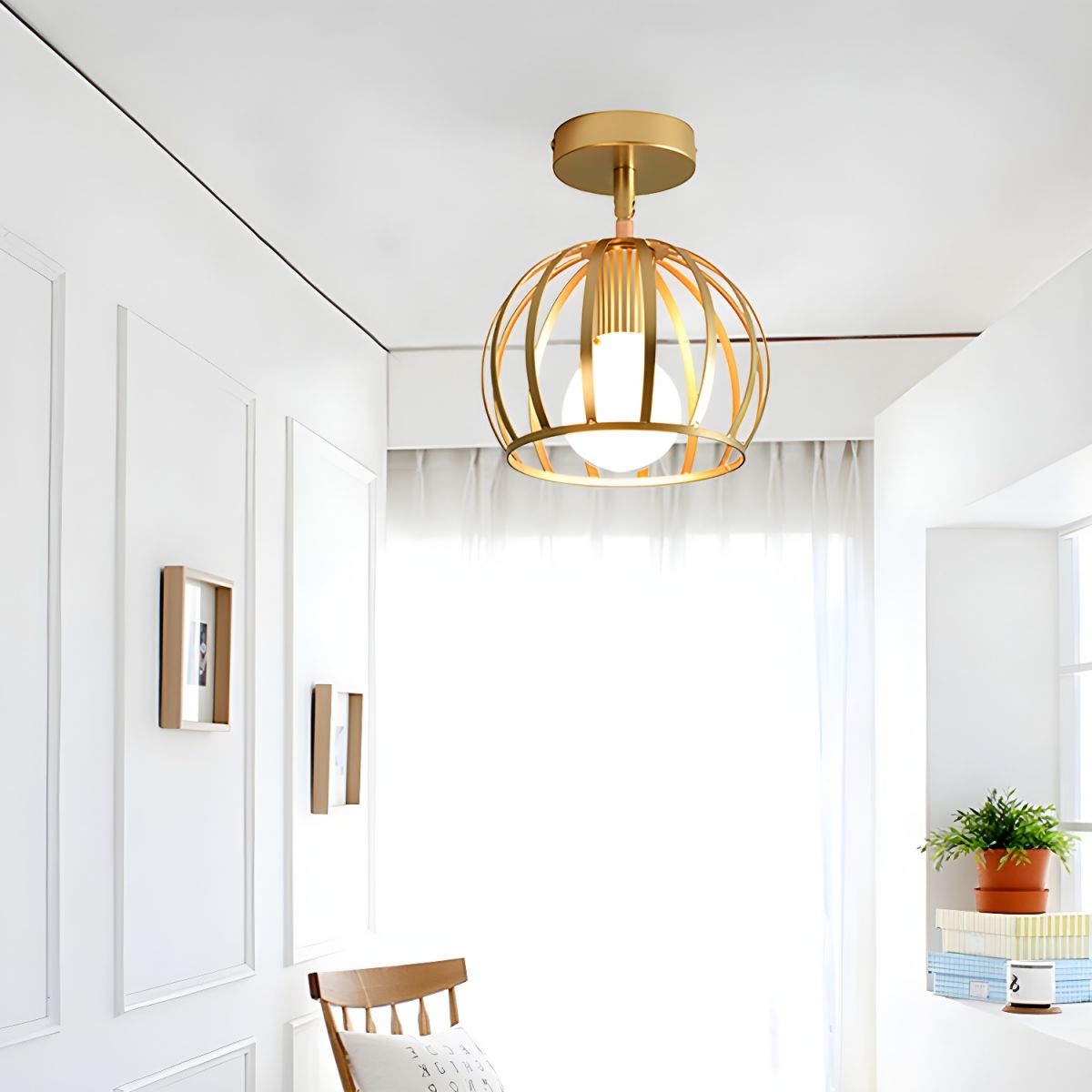 Brass Wire Frame Semi Flush Ceiling Light Industrial | Aurvixa