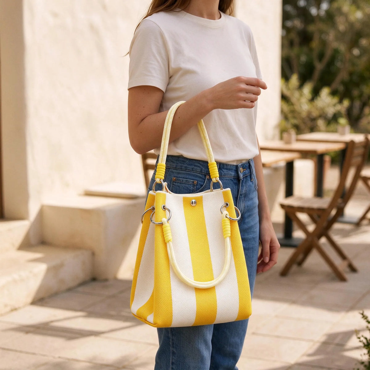 Casual Striped Bucket Tote Bag