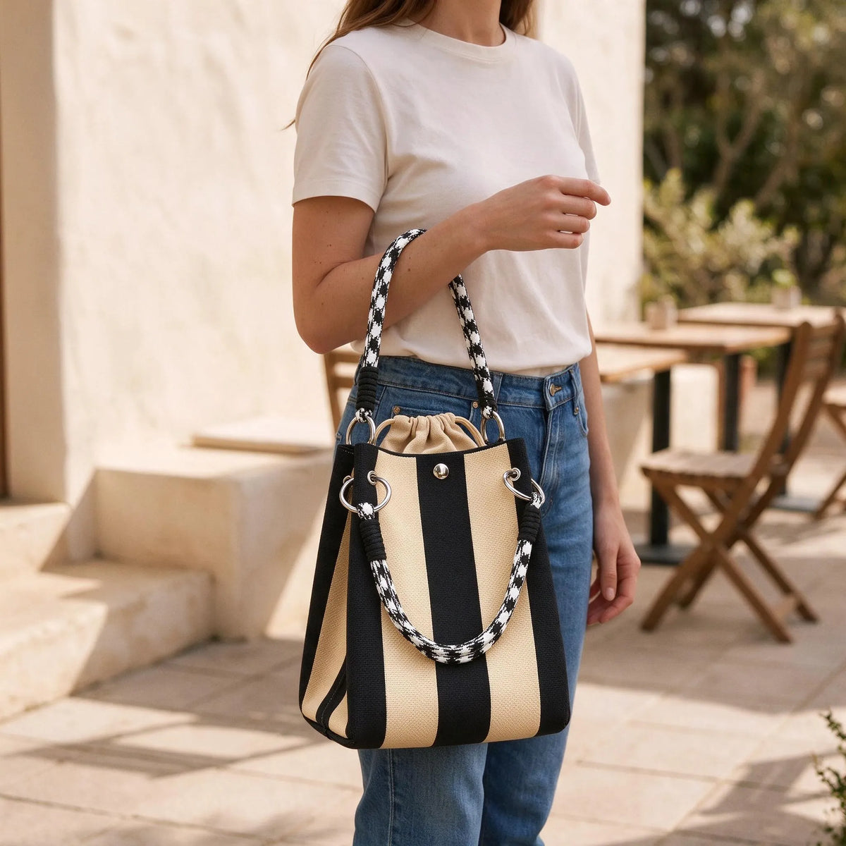 Casual Striped Bucket Tote Bag