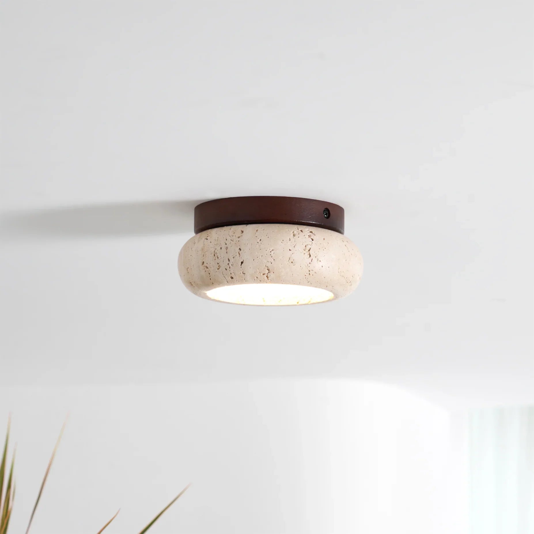 Ceiling Light Travertine Stone Wood Base Modern Interior | Norvin