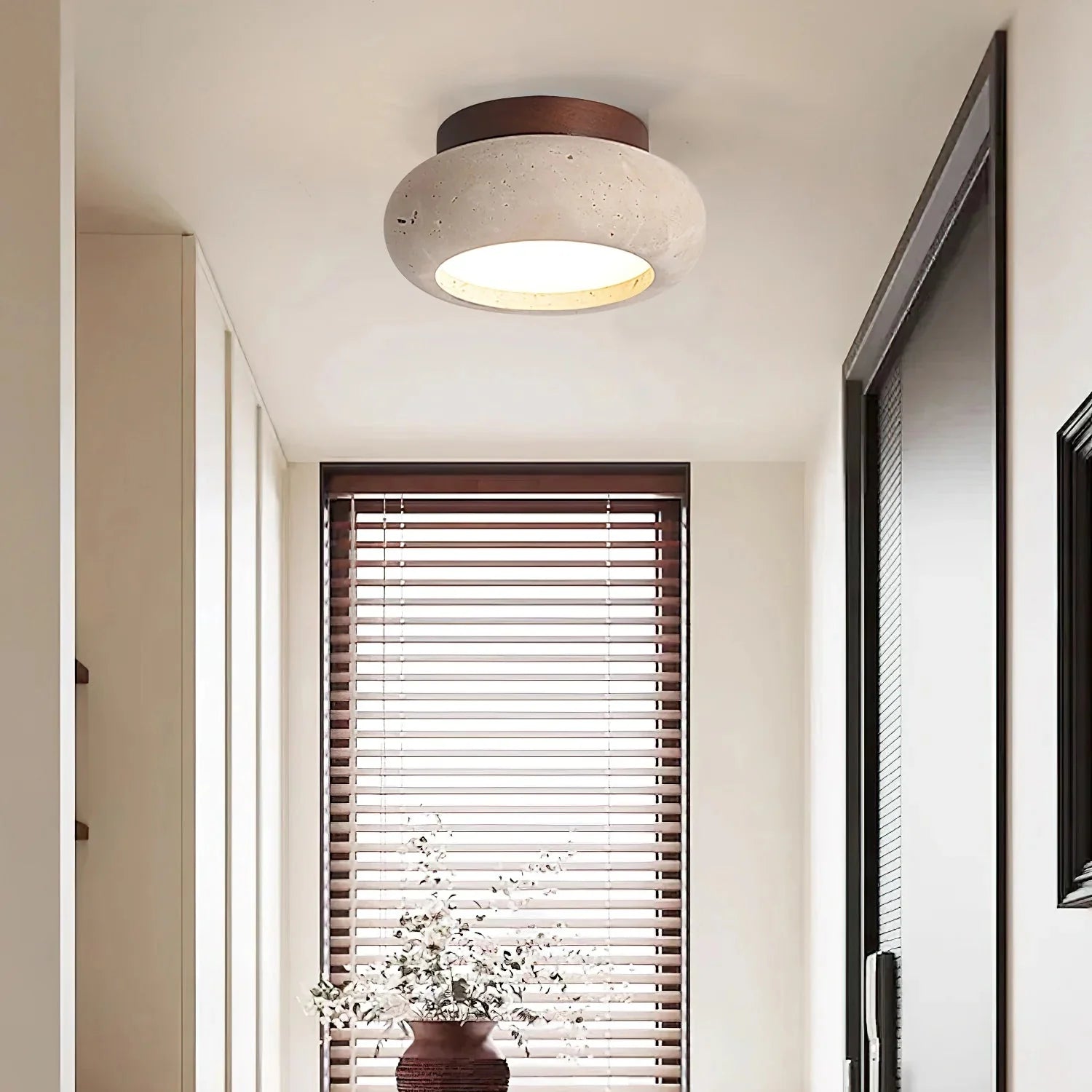 Ceiling Light Travertine Stone Wood Base Modern Interior | Norvin