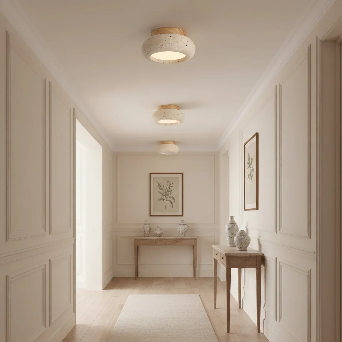 Ceiling Light Travertine Stone Wood Base Modern Interior | Norvin
