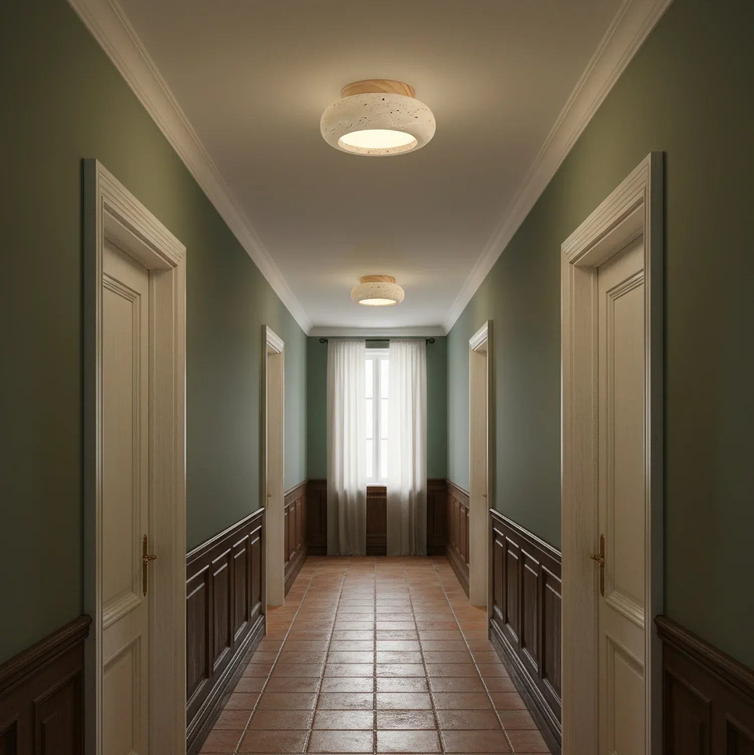 Ceiling Light Travertine Stone Wood Base Modern Interior | Norvin