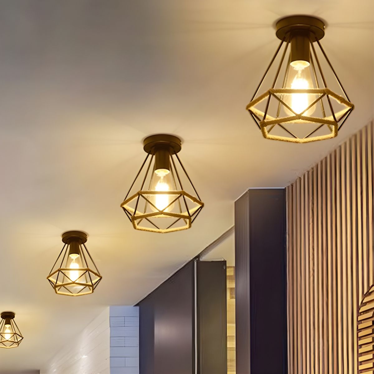 Ceiling Metal Rope Diamond Cage Light Industrial Style | Raventa