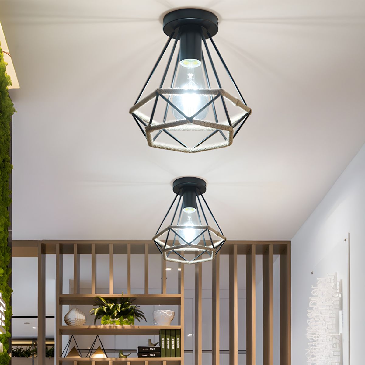 Ceiling Metal Rope Diamond Cage Light Industrial Style | Raventa