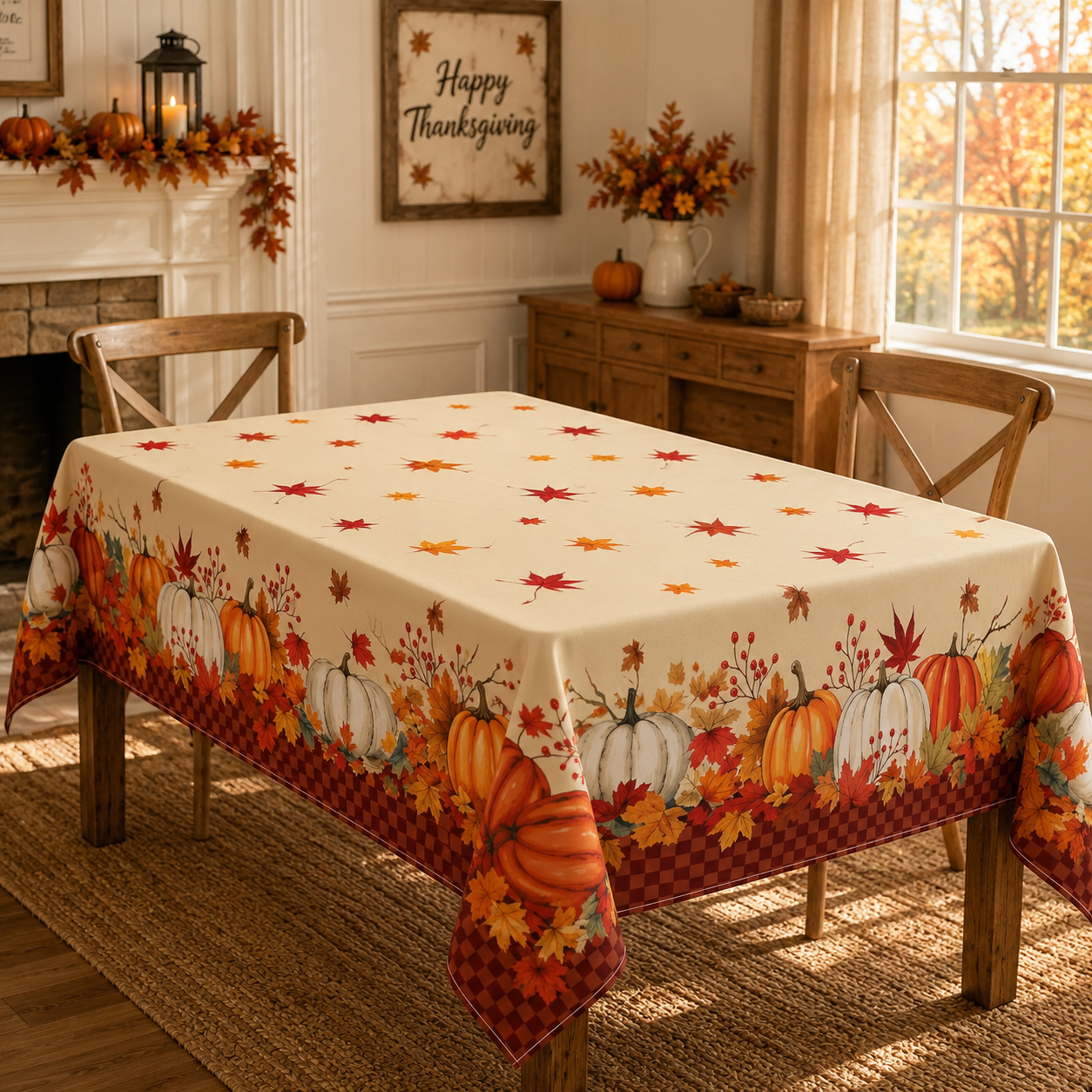 Tablecloth for Fall Thanksgiving with Pumpkin and Maple Leaves