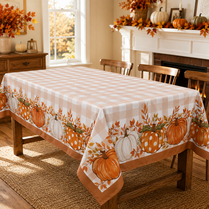Tablecloth for Fall Thanksgiving with Pumpkin and Buffalo Plaid