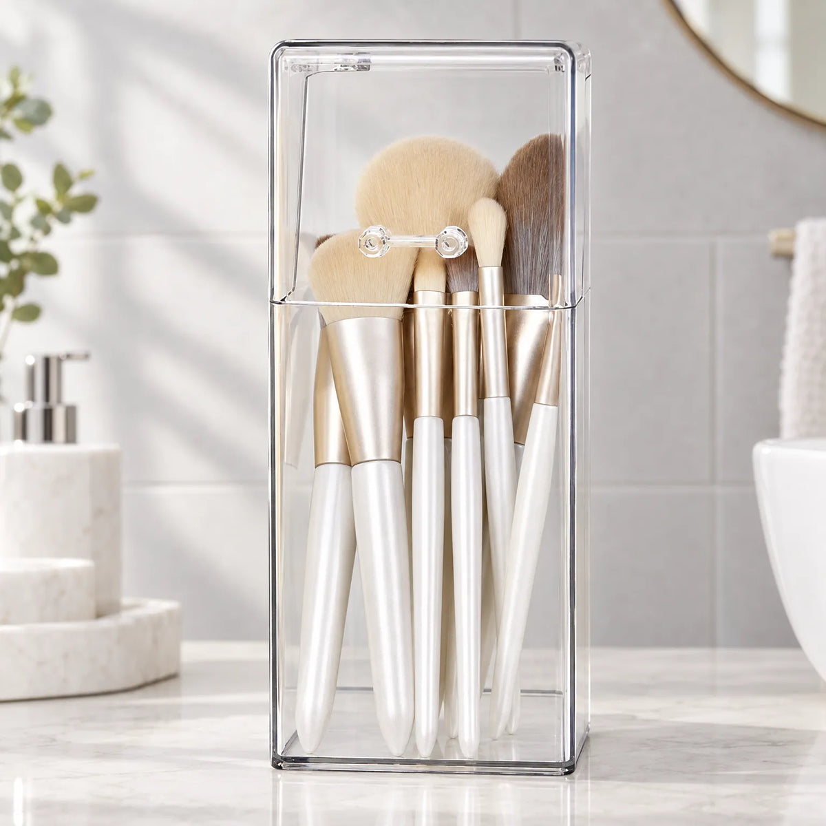 Clear Makeup Brush Holder with Lid for Bathroom Counter
