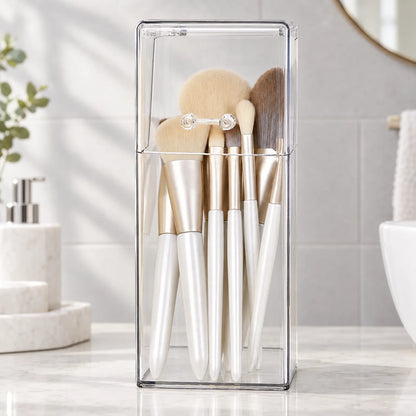 Clear Makeup Brush Holder with Lid for Bathroom Counter