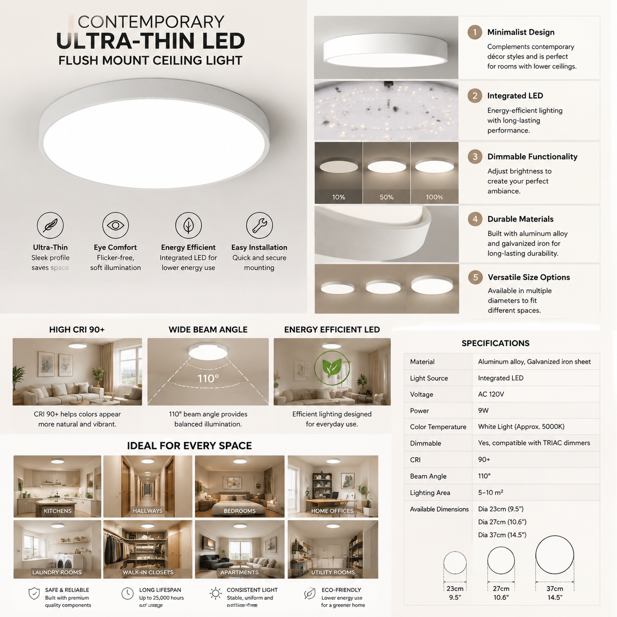 Contemporary Ultra-Thin Flush Mount Ceiling Light | LED Fixture