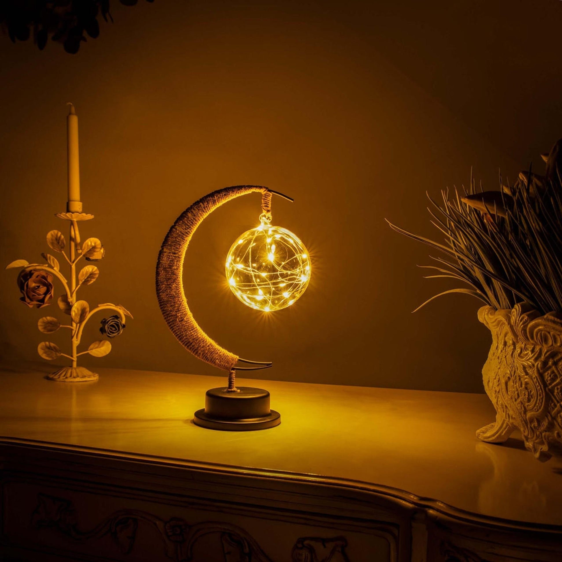 Crescent Moon Table Lamp with LED Globe Design | Auralis