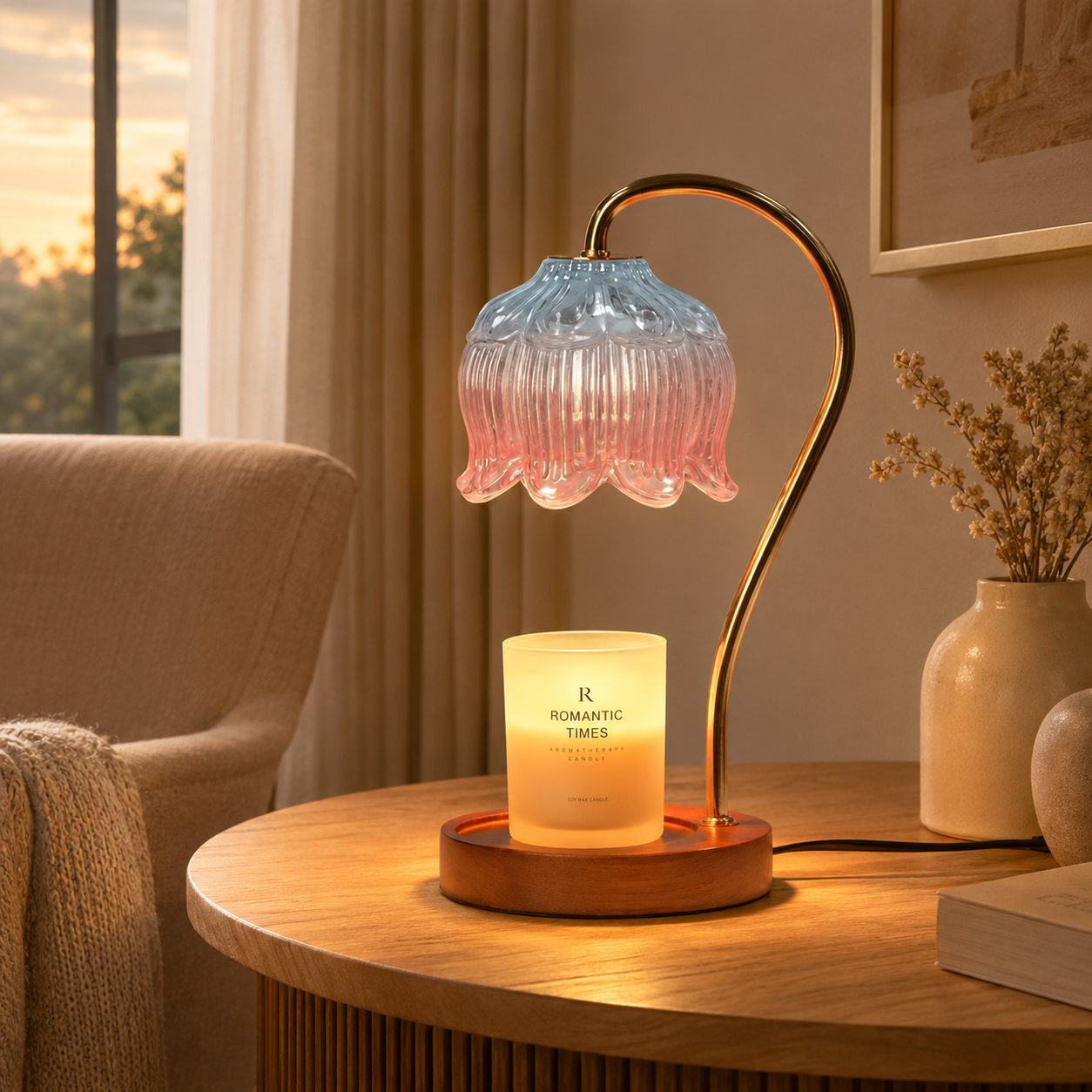 Dimmable Candle Warmer Lamp with Glass Petal Shade