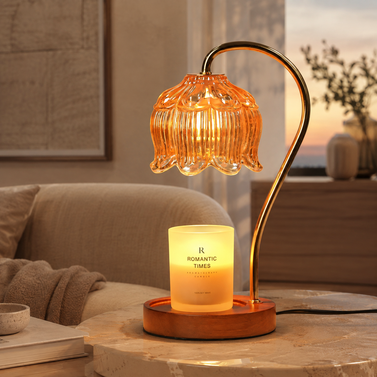 Dimmable Candle Warmer Lamp with Glass Petal Shade