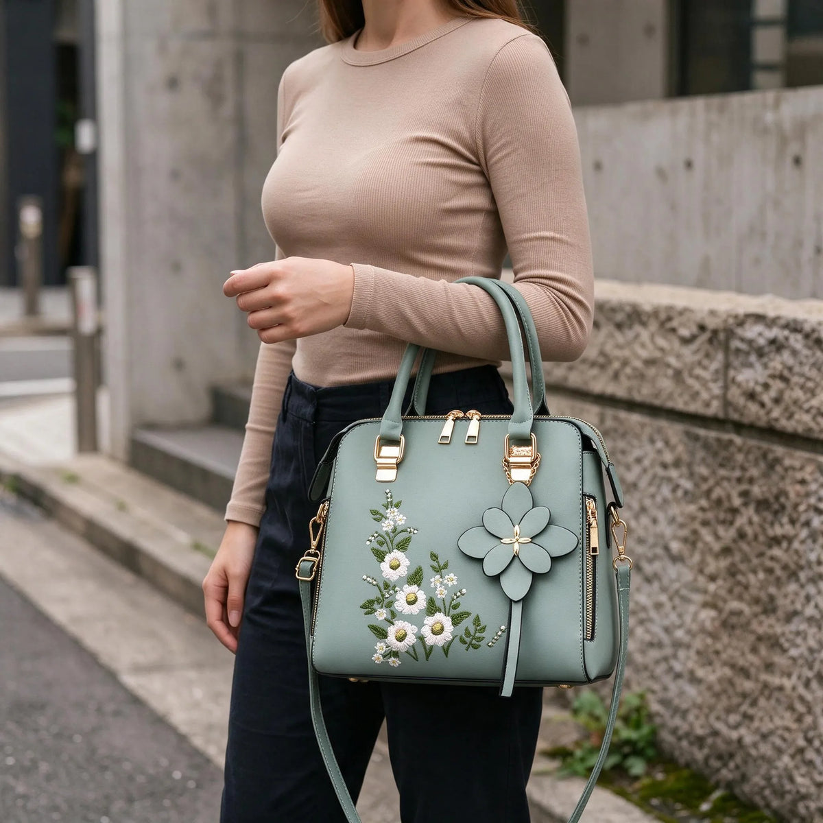 Embroidered Zip Tote Bag