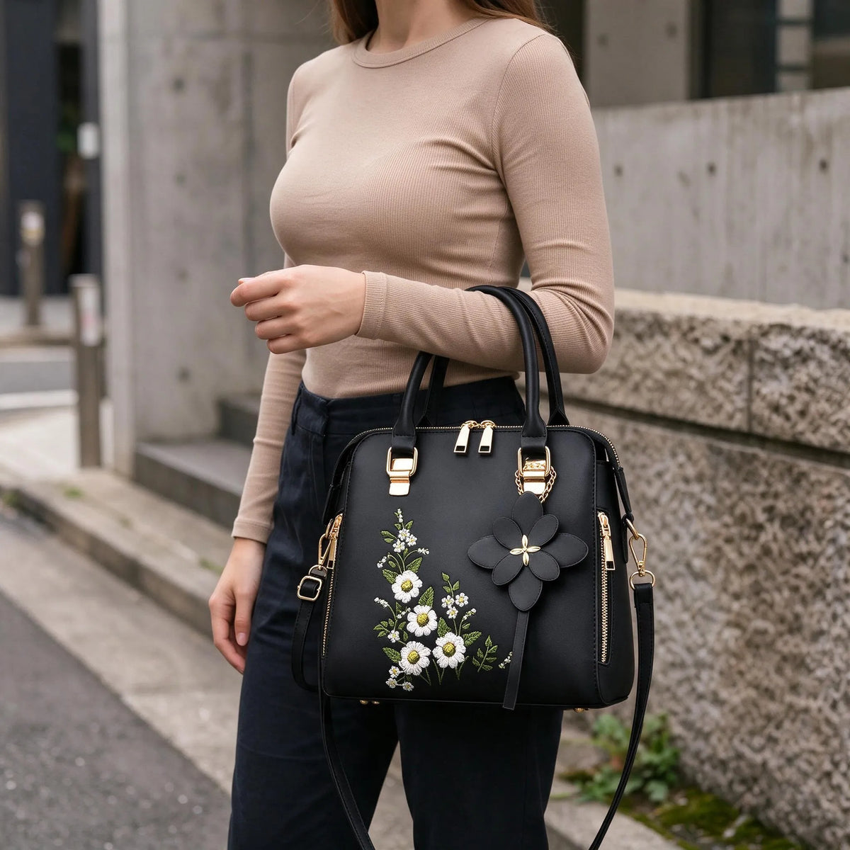 Embroidered Zip Tote Bag