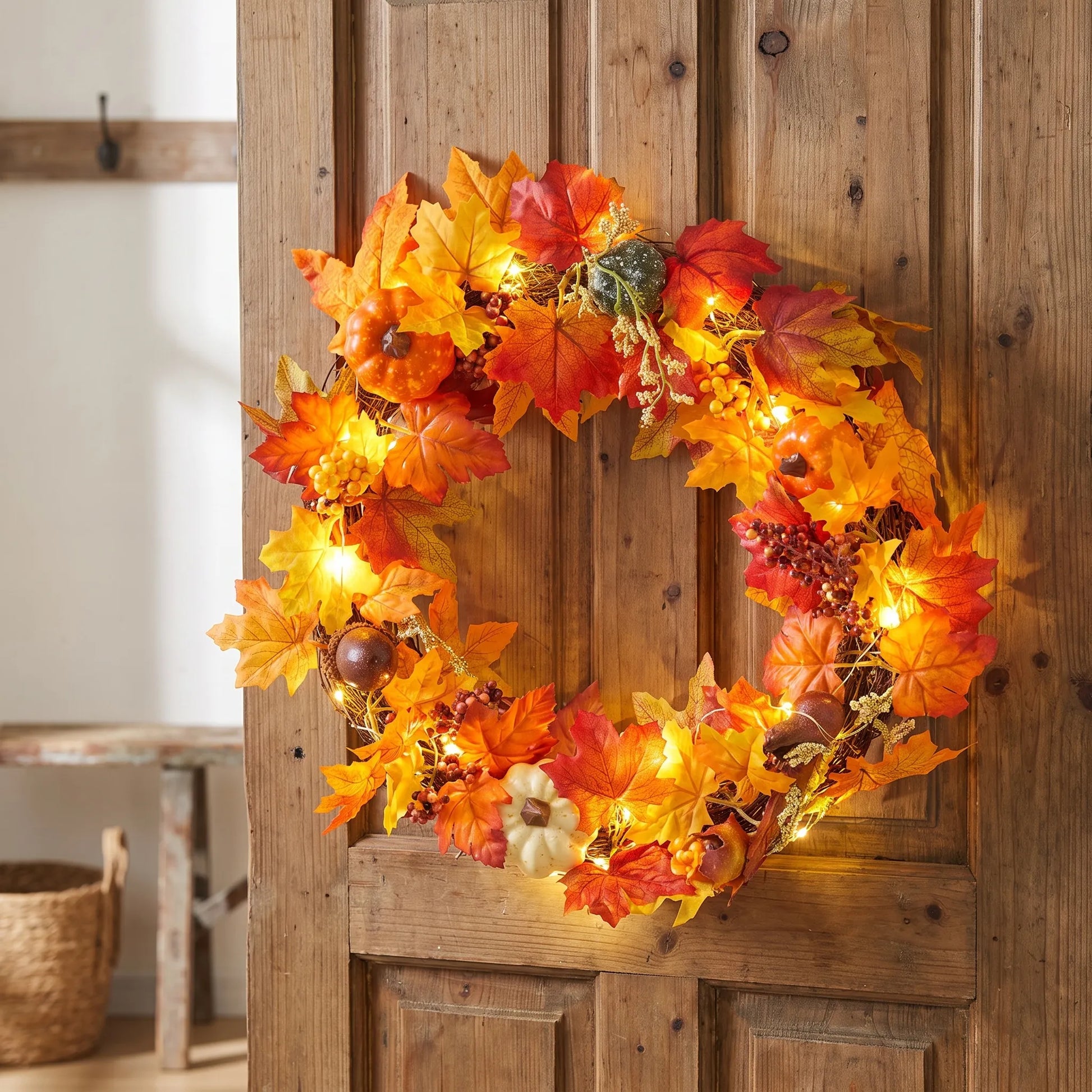 Fall Wreath with Lights Autumn Maple Leaf Pumpkin Front Door Decor