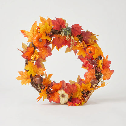 Fall Wreath with Lights Autumn Maple Leaf Pumpkin Front Door Decor