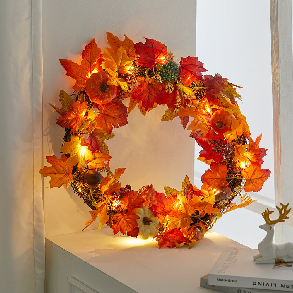 Fall Wreath with Lights Autumn Maple Leaf Pumpkin Front Door Decor
