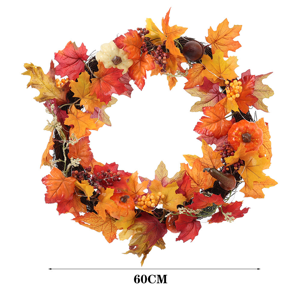 Fall Wreath with Lights Autumn Maple Leaf Pumpkin Front Door Decor