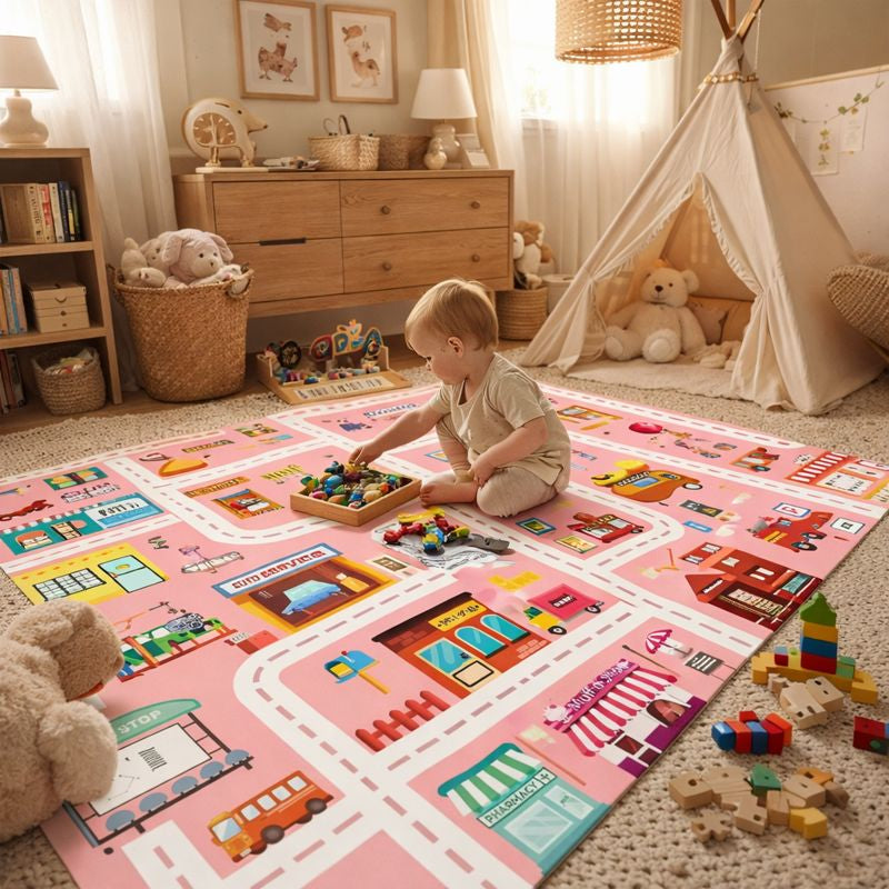 Flannel City Road Print Play Mat Rug for Kids Room Indoor | Melvica