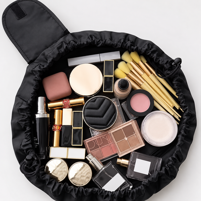 Flat Lay Drawstring Cosmetic Bag