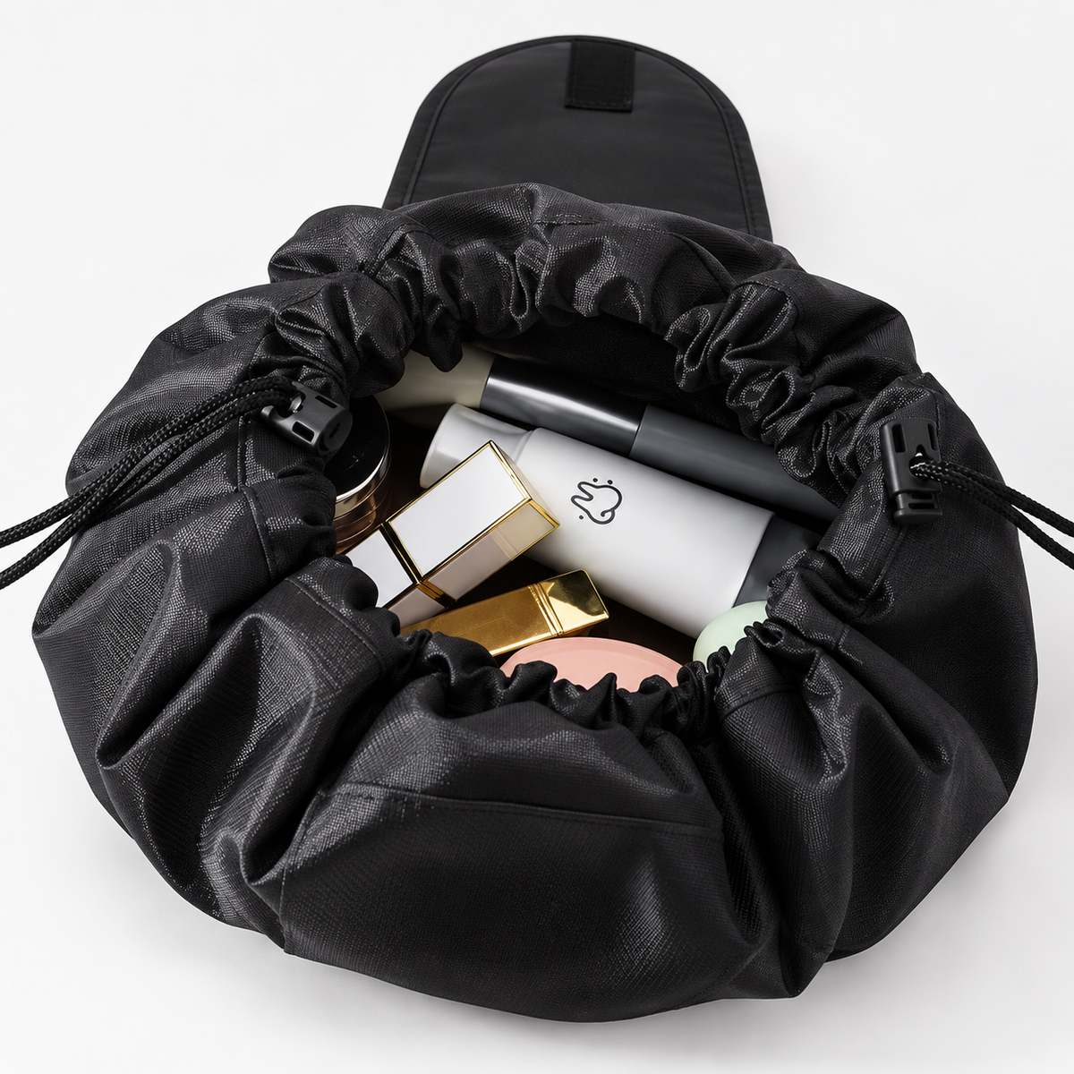 Flat Lay Drawstring Cosmetic Bag