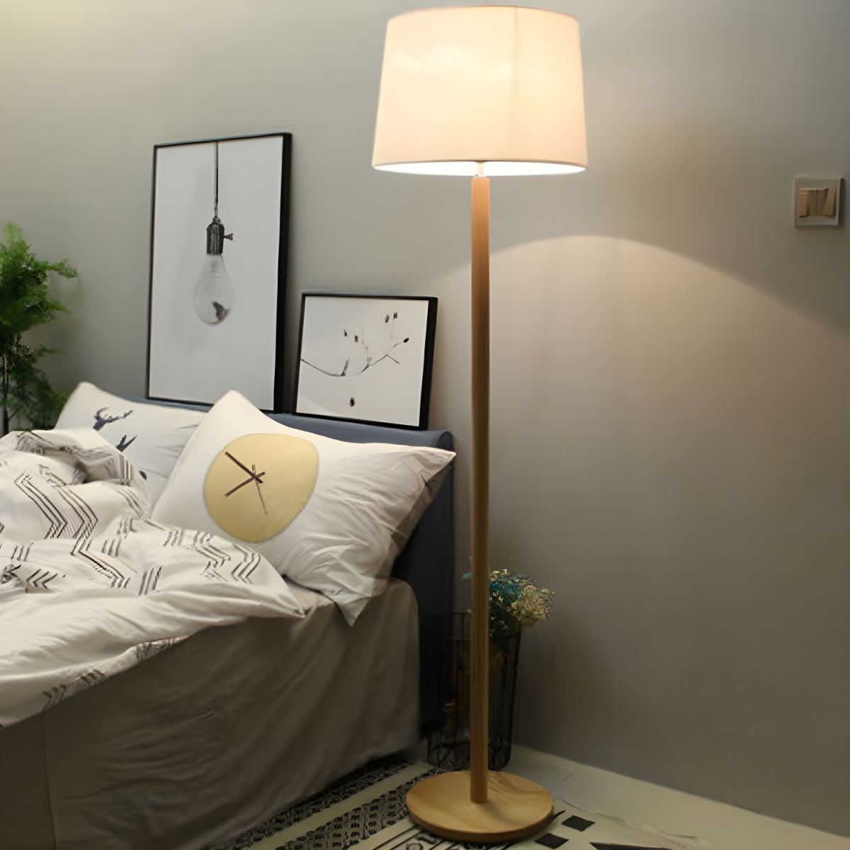 Floor Lamp Wooden Base Fabric Drum Shade Modern | Tormexa