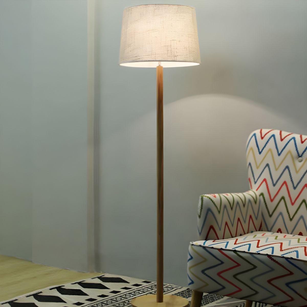 Floor Lamp Wooden Base Fabric Drum Shade Modern | Tormexa
