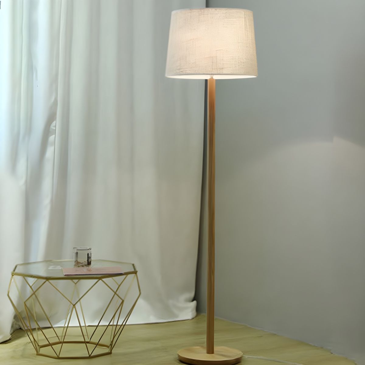 Floor Lamp Wooden Base Fabric Drum Shade Modern | Tormexa