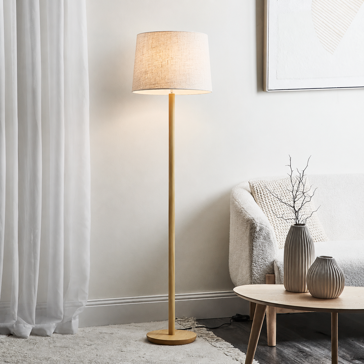 Floor Lamp Wooden Base Fabric Drum Shade Modern | Tormexa