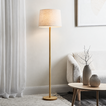 Floor Lamp Wooden Base Fabric Drum Shade Modern | Tormexa