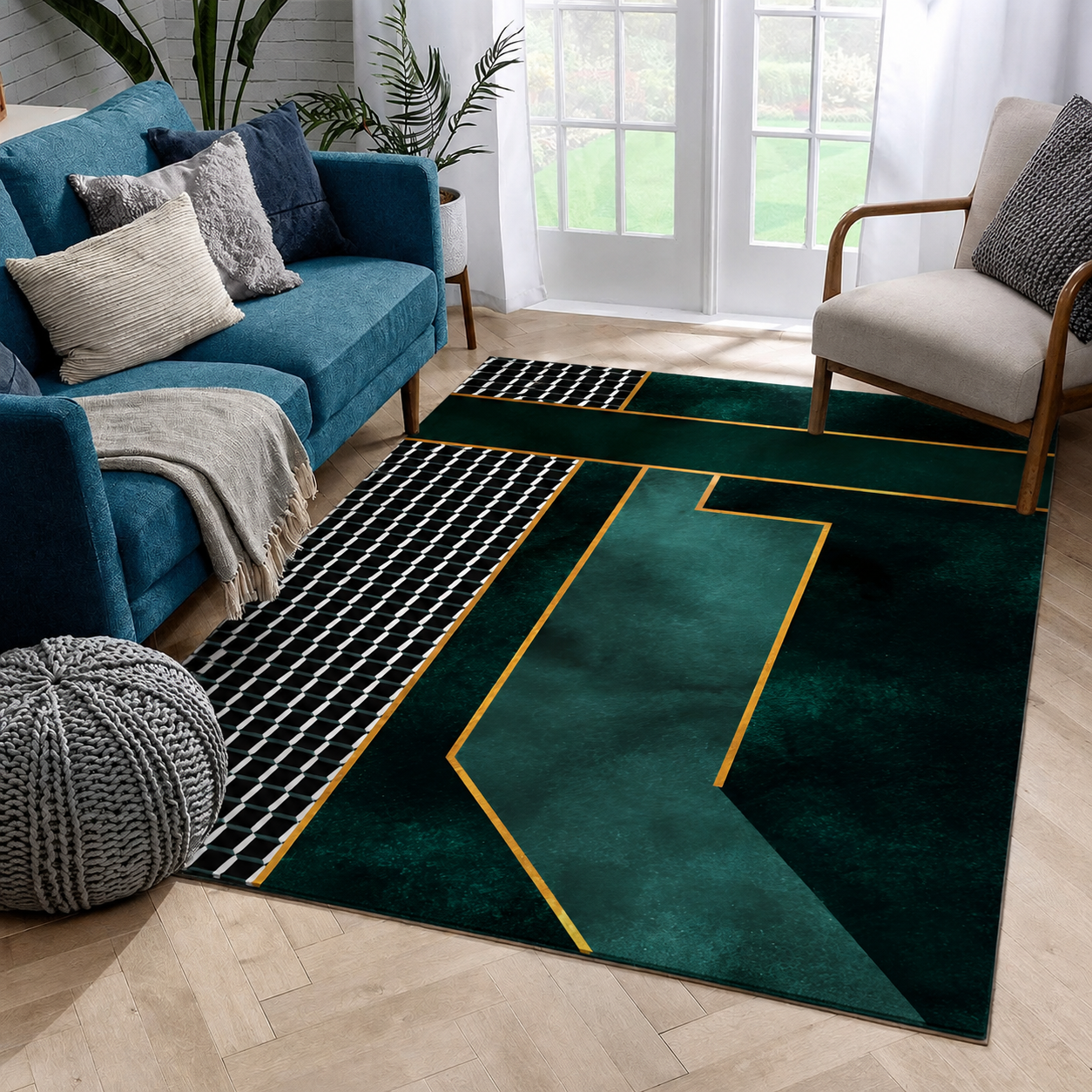 Geometric Checkerboard Corner Rug Glam Interior Style | Norveta