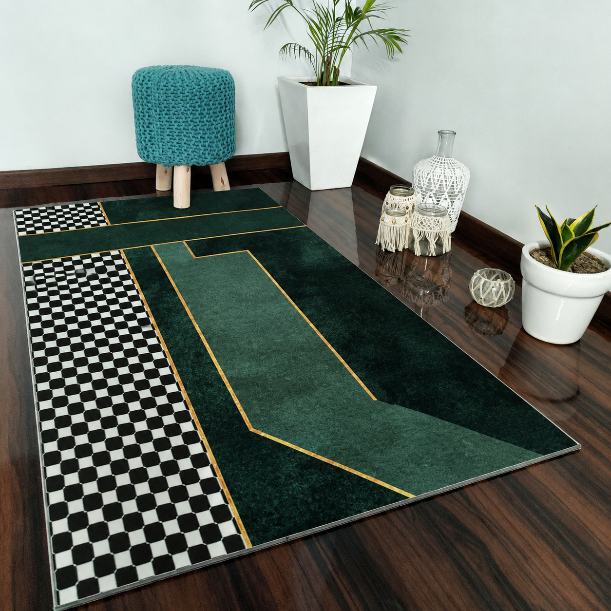 Geometric Checkerboard Corner Rug Glam Interior Style | Norveta