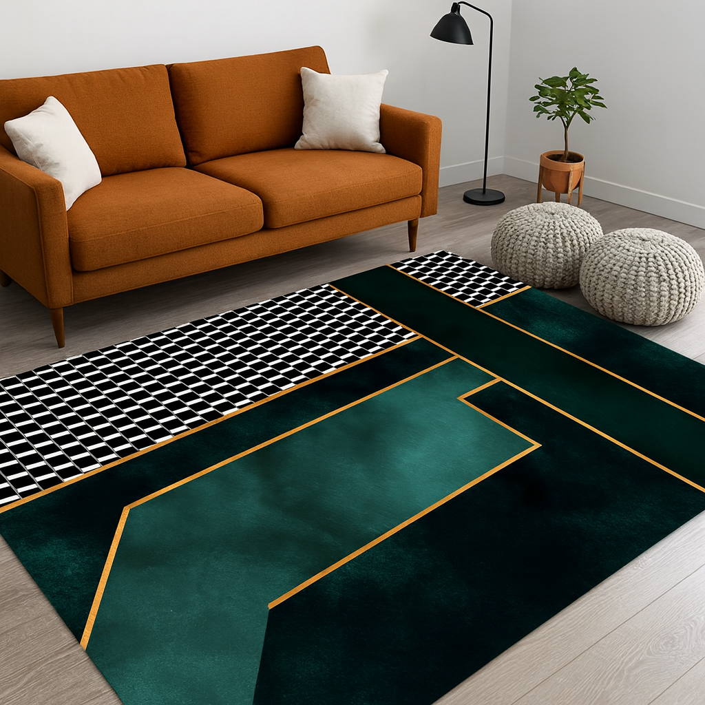 Geometric Checkerboard Corner Rug Glam Interior Style | Norveta