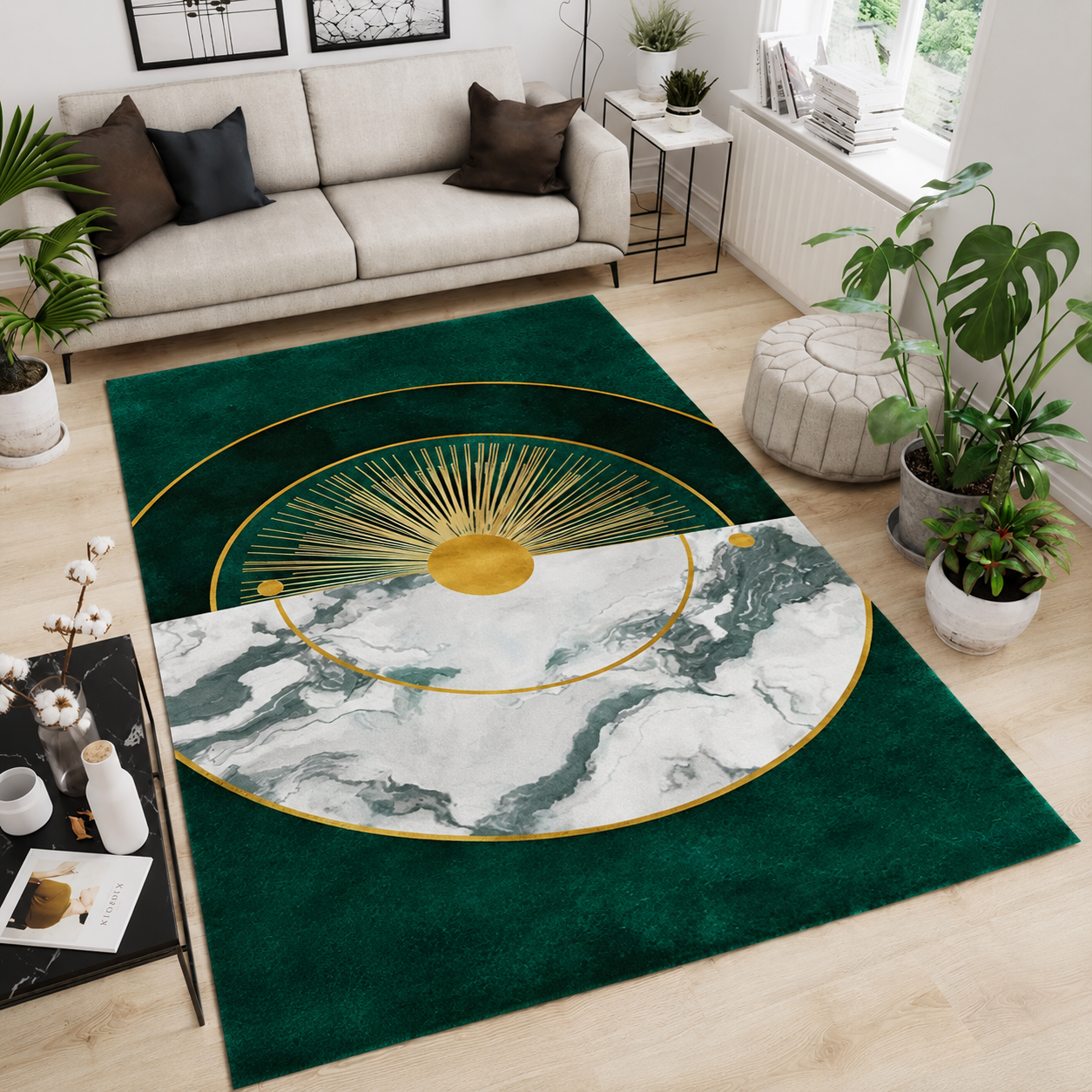 Glam Sunburst Rectangular Rug with Marble Effect | Maranova