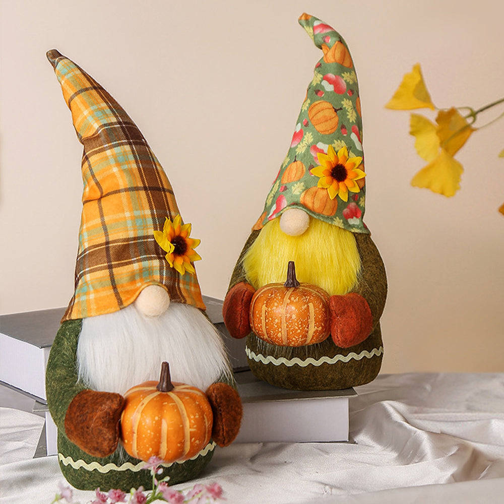 Halloween Gnome Decoration with Pumpkin and Plaid Hat