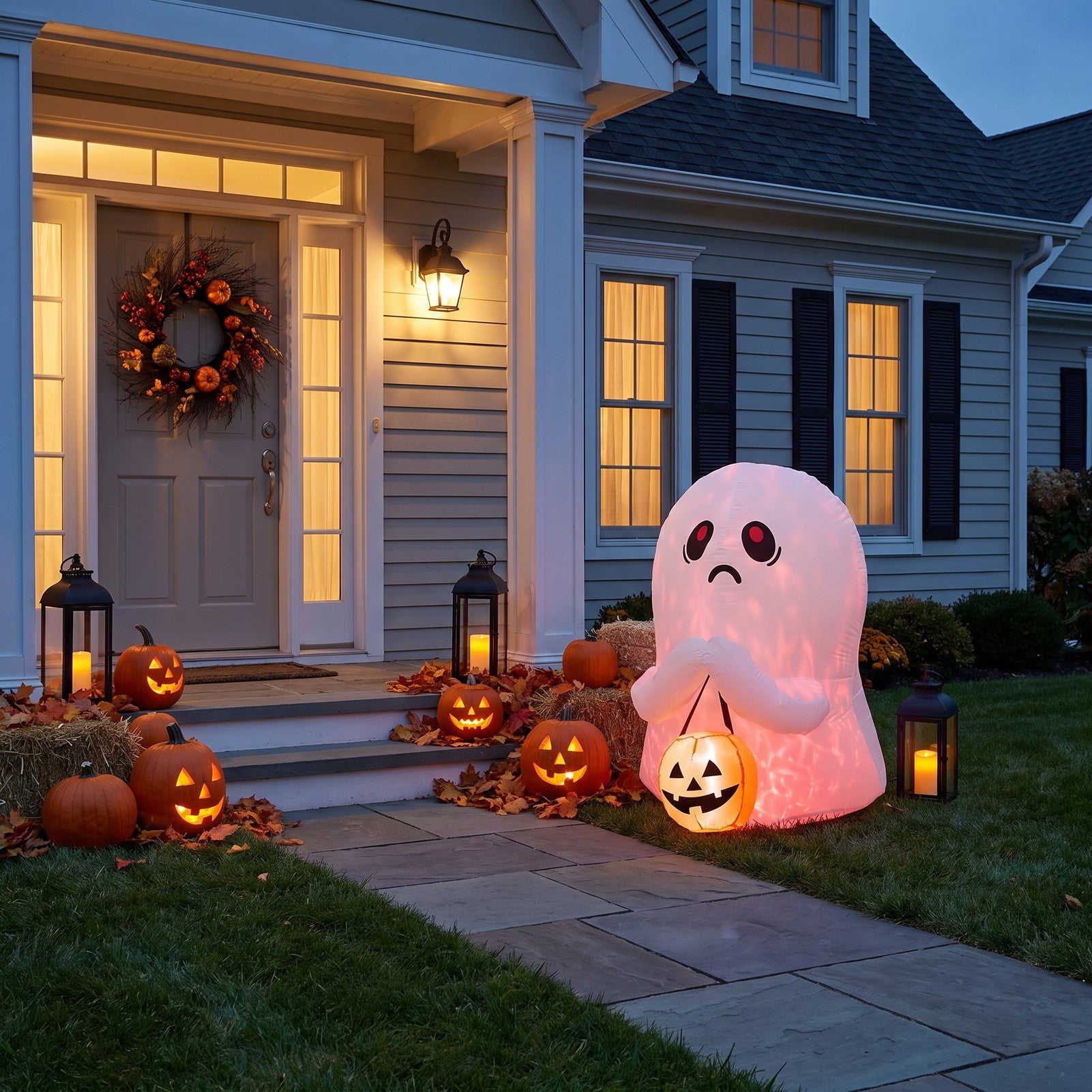 Halloween Inflatable Ghost with Pumpkin Light Up Outdoor Yard Decoration