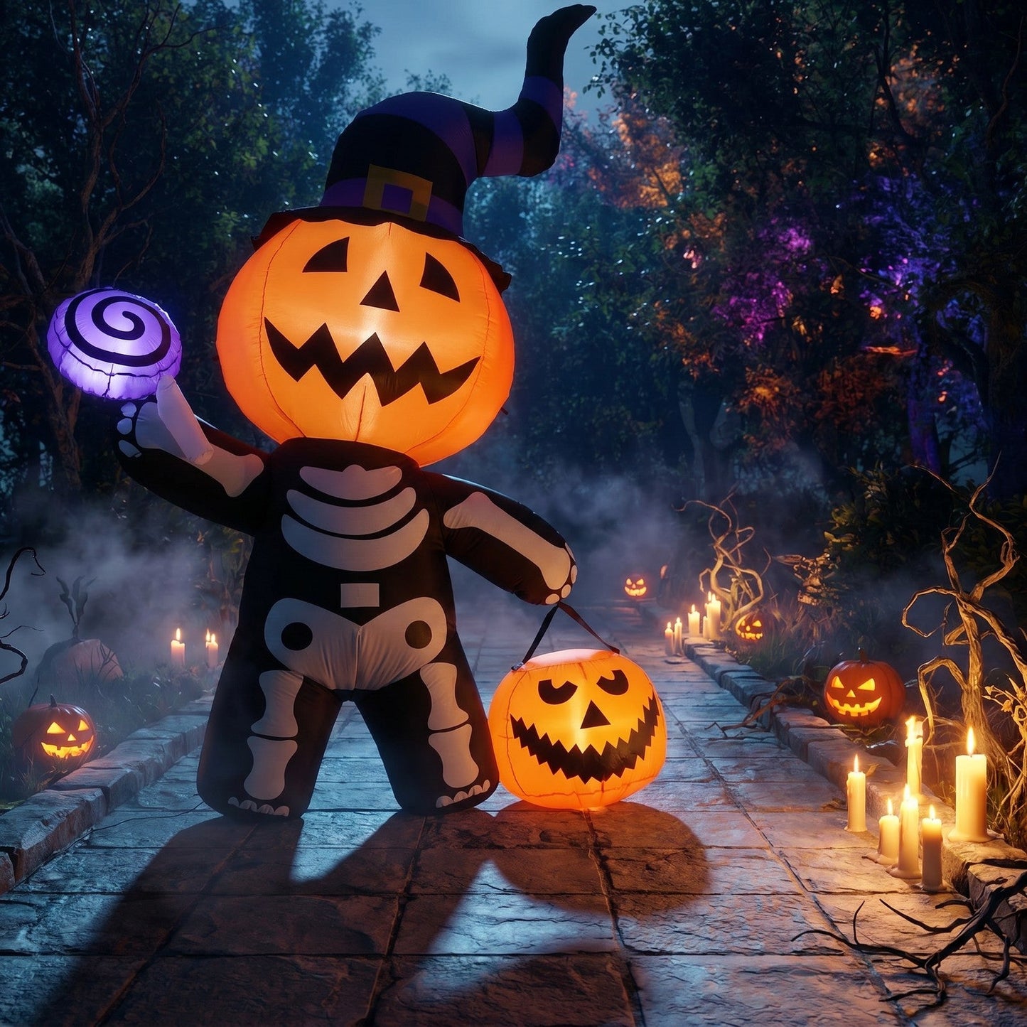 Halloween Inflatable Pumpkin Skeleton Outdoor Yard Decoration with LED