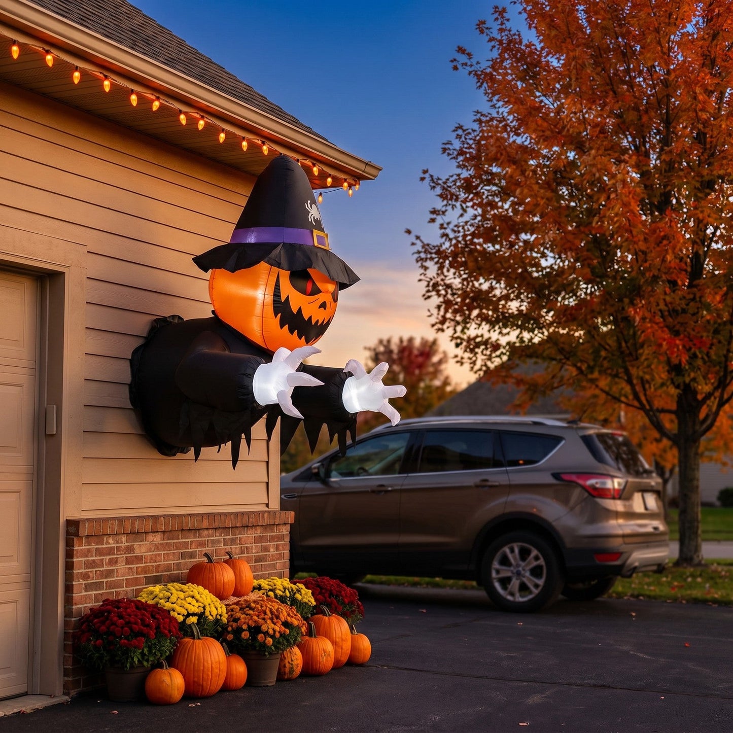 Halloween Inflatable Pumpkin Witch Window Decoration with LED Lights