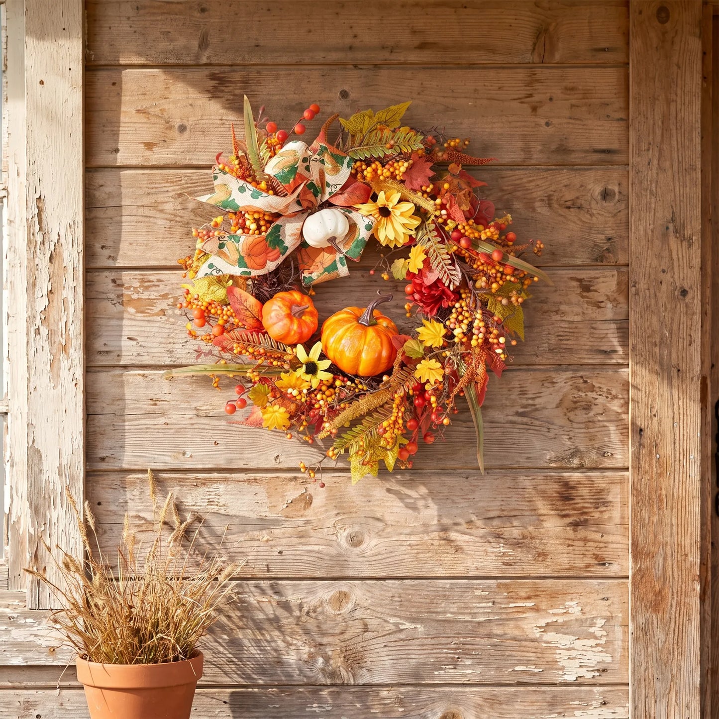 Halloween Pumpkin Wreath Fall Autumn Leaves Front Door Decoration