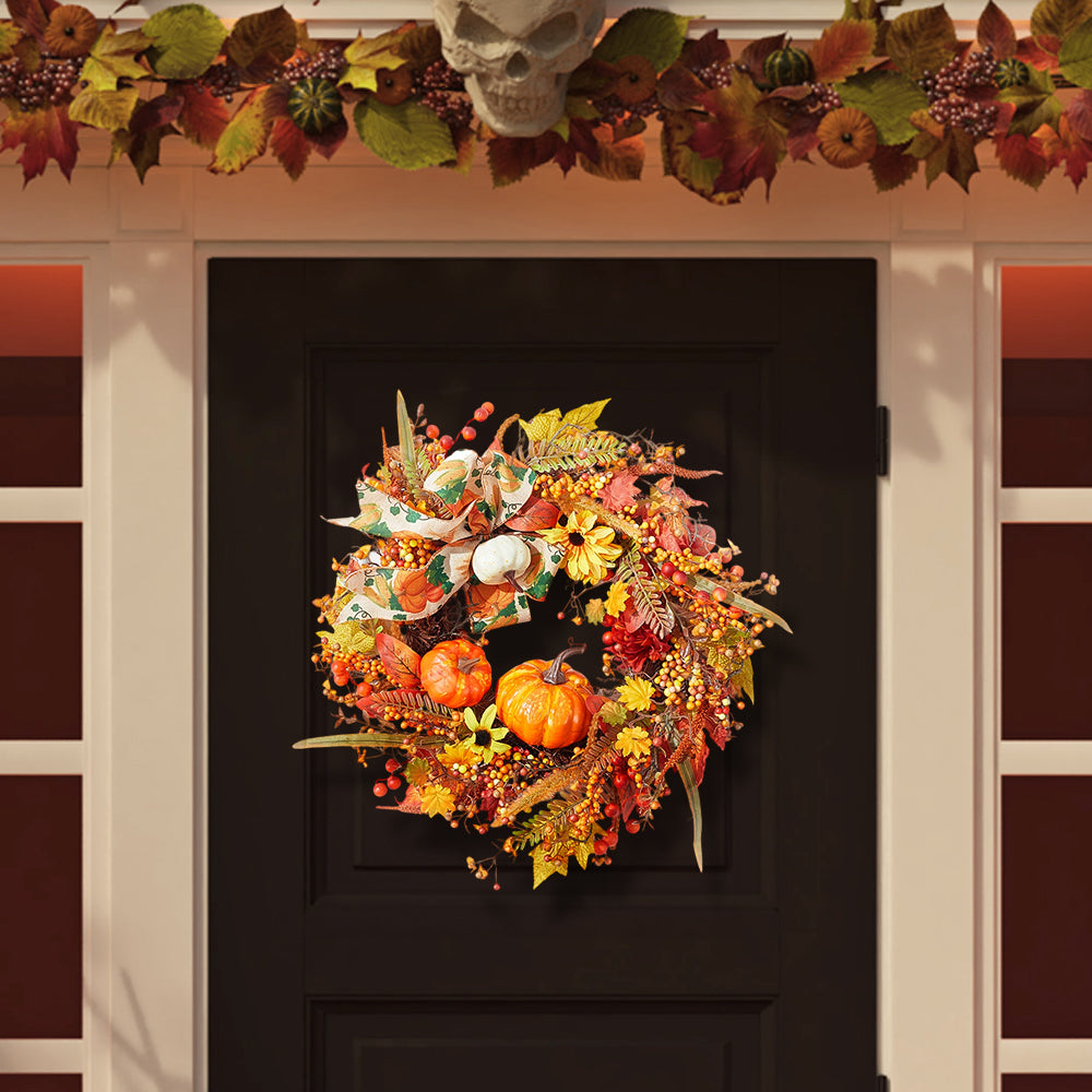Halloween Pumpkin Wreath Fall Autumn Leaves Front Door Decoration