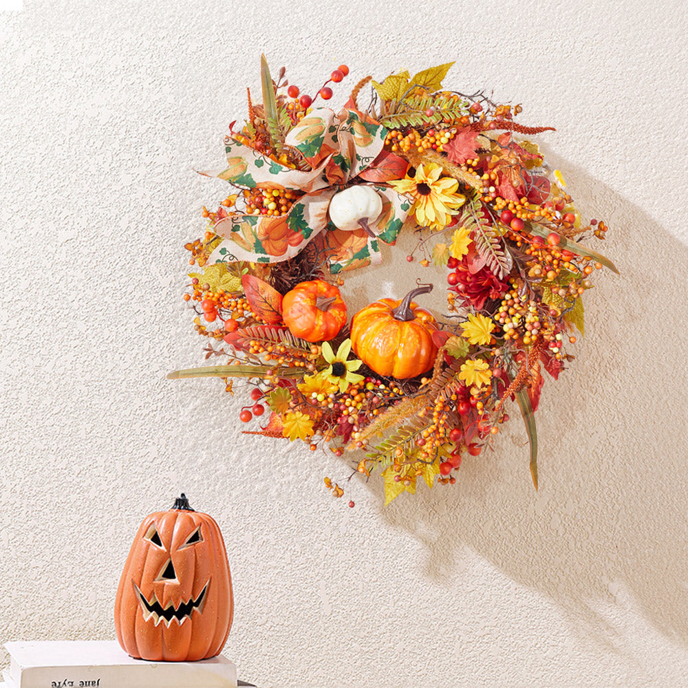 Halloween Pumpkin Wreath Fall Autumn Leaves Front Door Decoration