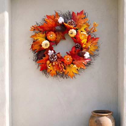 Halloween Pumpkin Wreath with Lights Fall Leaves Front Door Decoration