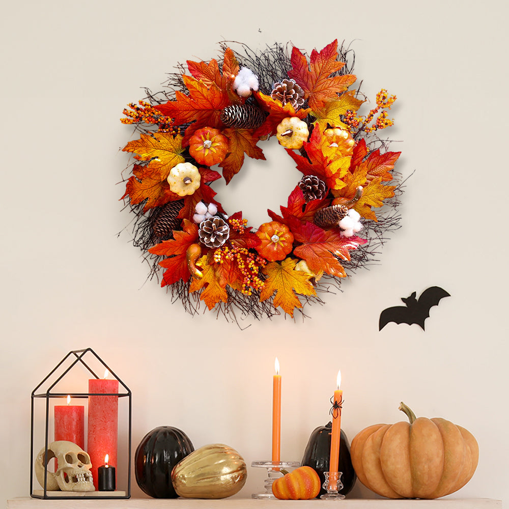 Halloween Pumpkin Wreath with Lights Fall Leaves Front Door Decoration