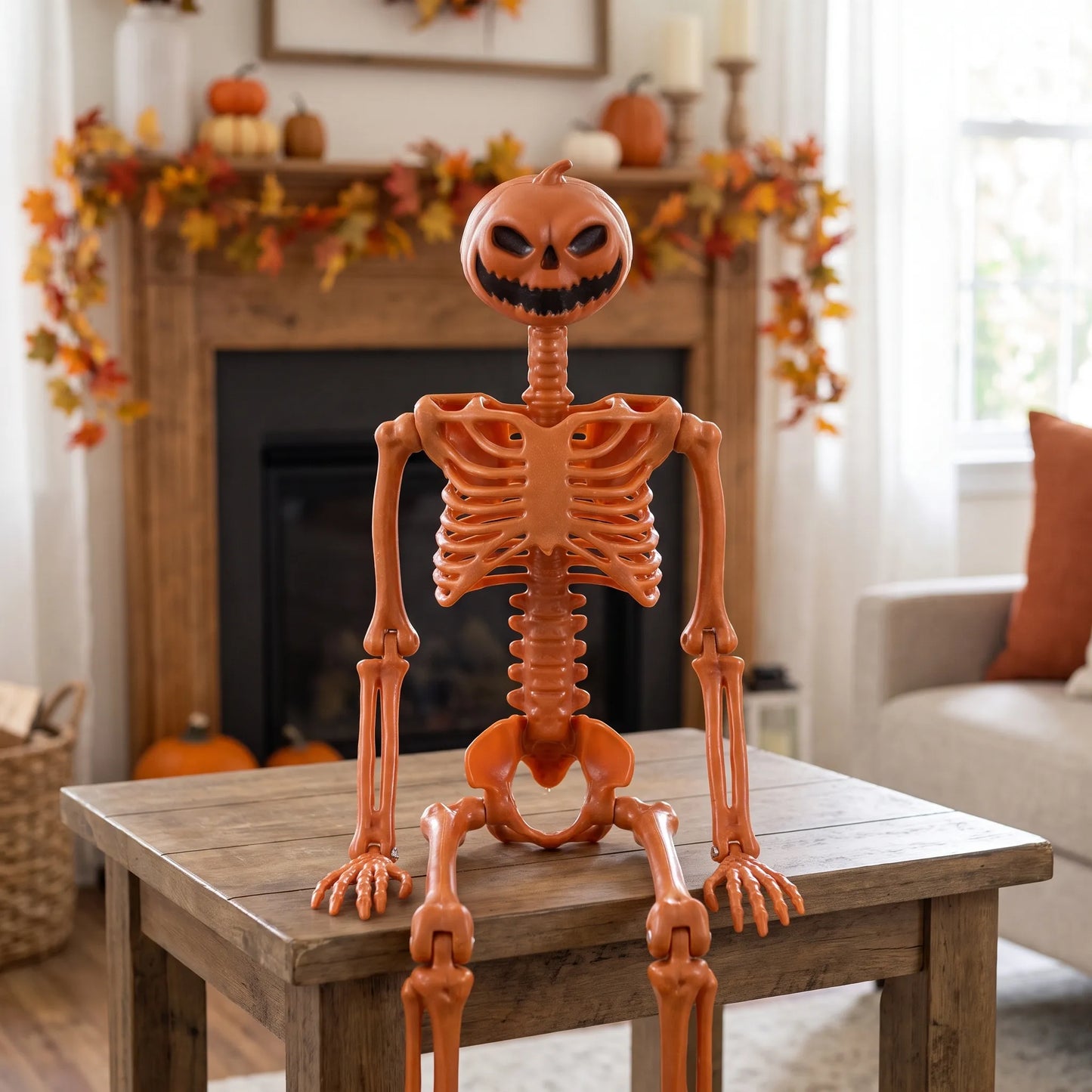 Halloween Skeleton Pumpkin Decoration Posable Jack O Lantern Figure